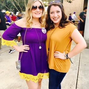 Purple off shoulder dress with gold crochet